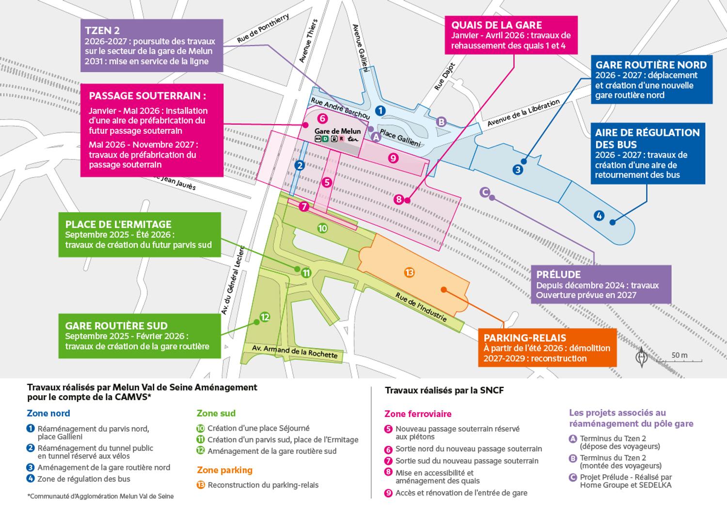 Carte permettant de localiser les travaux du pôle gare de Melun à venir en 2025, sur le périmètre ferroviaire mais également au niveau des abords de la gare