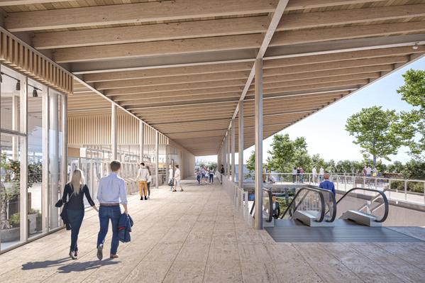 Le porche en bois du parvis et ses accès depuis le futur tunnel